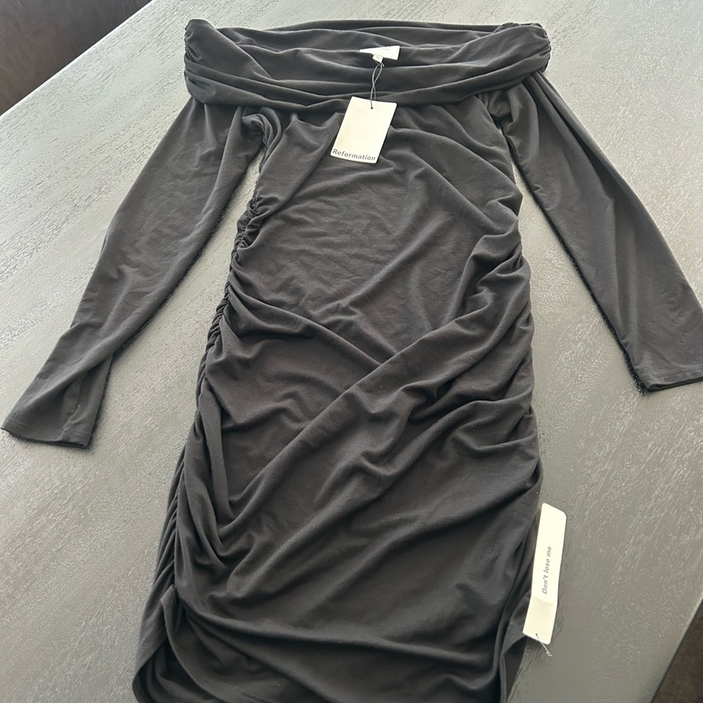 Reformation Black Off-Shoulder Long Sleeve Dress